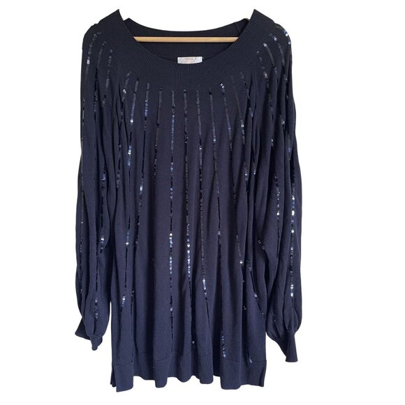 Jingle Belles by Kim Gravel Navy Blue Sequin Trim Mock Neck Pullover Tunic Sweat - Picture 1 of 7